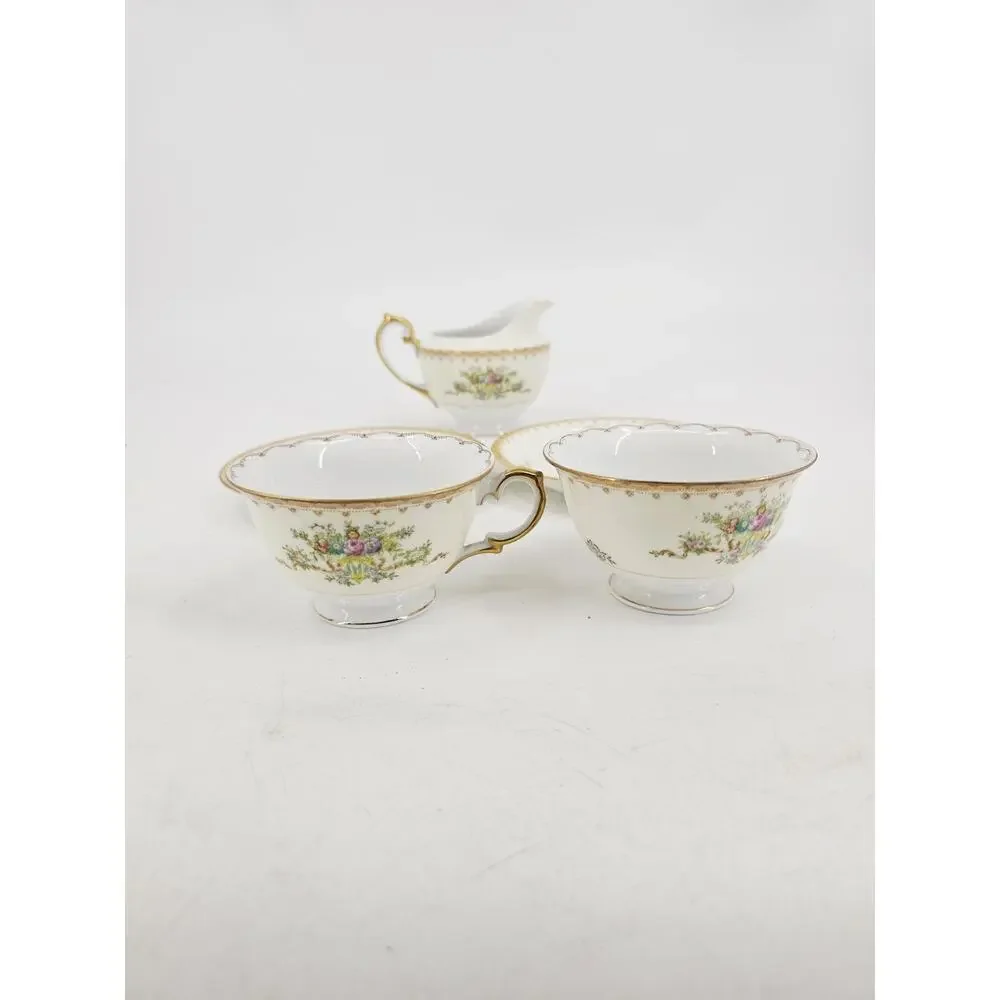 Meito Jewel Floral & Gold Pattern Set Of 2 Cups & Saucers & Creamer Japan